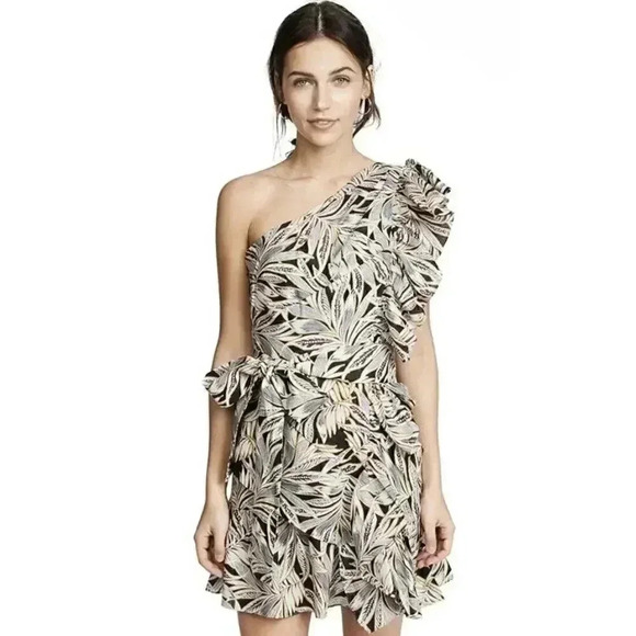 Alexis Mini Dress Safari Medium 6 8 One Shoulder Ruffle Wedding Cocktail $450 - Picture 3 of 10
